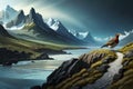 Mountain landscape with a bird on a stone path. 3d render