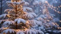Snow covered pine tree with string lights and snowflakes in the background during winter night Royalty Free Stock Photo