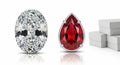 Exquisite oval diamond and pear-shaped ruby gemstones displayed with clean white boxes white background Royalty Free Stock Photo