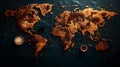 Cup of coffee and powder with ground beans shows the illustrated world map on abstract texture background. AI generated.