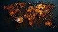 Mug of milk coffee with ground coffee powder and beans shows the global map in dark abstract texture. AI generated.