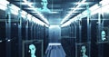 Showcasing corridor within data center, with holographic UI panels and glowing server racks Royalty Free Stock Photo