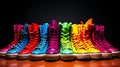 Multi colored bold boots on rustic wooden shelves showcase.Generative AI