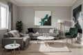Abstract painting on grey wall o contemporary living room interior with emerald green armchair with round pillow, commode and couc Royalty Free Stock Photo