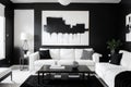 Black and white abstract painting on empty wall of cozy living room interior Royalty Free Stock Photo