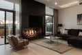 Blazing fire in living room of luxury architect designed Australian house Royalty Free Stock Photo