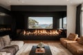 Blazing fire in living room of luxury architect designed Australian house Royalty Free Stock Photo