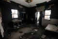 Burnt apartment house interior. Consequences of fire