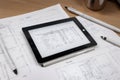 Computer Tablet Showing Kitchen Illustration Sitting On House Plans With Pencil and Compass. Royalty Free Stock Photo