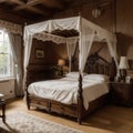 Furnished bedroom within former victorian rectory with ornate carved four poster bed and matching period sideboard drawers, chaise