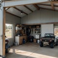 Home suburban countryside modern car and ATV double garage interior with wooden shelf, tools and equipment stuff storage warehouse