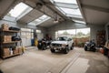 Home suburban countryside modern car and ATV double garage interior with wooden shelf, tools and equipment stuff storage warehouse