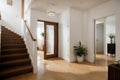 House hallway entrance interior with stairs and furniture. Apartment background with door, mirror, bag on hanger, flower in vase,