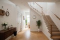 House hallway entrance interior with stairs and furniture. Apartment background with door, mirror, bag on hanger, flower in vase,