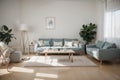 Interior composition with a soft sofa and tables on a white wall background / Royalty Free Stock Photo