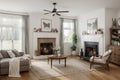 Interior with fireplace. Farmhouse style. Interior mockup. . Royalty Free Stock Photo