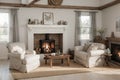 Interior with fireplace. Farmhouse style. Interior mockup. . Royalty Free Stock Photo