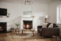 Interior with fireplace. Farmhouse style. Interior mockup. . Royalty Free Stock Photo