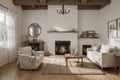 Interior with fireplace. Farmhouse style. Interior mockup. . Royalty Free Stock Photo