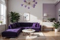 Livingroom interior wall mock up with violet velvet sofa, plant in vase and coffee table on empty white background. ing. Royalty Free Stock Photo