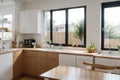 Modern bright kitchen interior with white horizontal window blinds, wooden cabinets with white countertop and household appliances