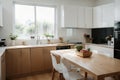 Modern bright kitchen interior with white horizontal window blinds, wooden cabinets with white countertop and household appliances