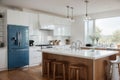 Modern wooden kitchen with wooden details and panoramic window, white and blue minimalistic interior design, sunset sunrise panora