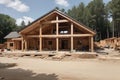 New home construction. build with wooden truss, post and beam framework. Royalty Free Stock Photo