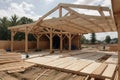 New home construction. build with wooden truss, post and beam framework. Royalty Free Stock Photo