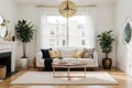 Stylish interior of living room with design furniture, gold pouf, plant, mock up poster frames, carpet, accessoreis and beautiful