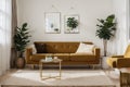 Stylish interior of living room with design furniture, gold pouf, plant, mock up poster frames, carpet, accessoreis and beautiful