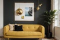 Stylish interior of living room with design furniture, gold pouf, plant, mock up poster frames, carpet, accessoreis and beautiful