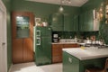 Stylish refrigerator and counters near green wall in kitchen Royalty Free Stock Photo