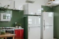 Stylish refrigerator and counters near green wall in kitchen Royalty Free Stock Photo