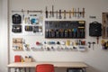 Workplace of engineer with peg board on wall