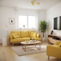 Yellow room with sofa. Scandinavian interior design.