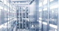 Showcasing server racks lining data center corridor, displaying LED lights and floating data icons Royalty Free Stock Photo