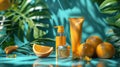 Vibrant Summer Skincare and Sunscreen Products Displayed with Fresh Oranges and Luxurious Greenery Royalty Free Stock Photo
