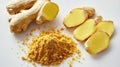 Pile of freshly ground ginger and sliced ginger root on a white surface, vibrant food concept Royalty Free Stock Photo