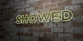 SHOWED - Glowing Neon Sign on stonework wall - 3D rendered royalty free stock illustration