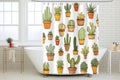 Shower and bathtub curtain with cactus print. Modern bathroom indoor interior design concept image