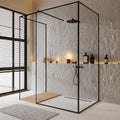 shower cabin in luxury contemporary bathroom interior with decorative walls and tile floor, shelf with cove light and bath accesso Royalty Free Stock Photo