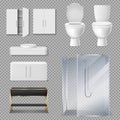 Shower cabin, toilet bowl and sink for bathroom