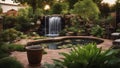 shower in a garden backyard landscaping with a patio, a waterfall, a pond, a garden, trees, plants Royalty Free Stock Photo