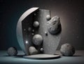 shower of glimmering stars orbiting around a grey rock. Podium, empty showcase for packaging product presentation, AI