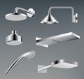 Shower heads. Metallic accessories for bathroom water shower vector realistic template