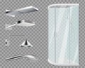Shower stall. Shower Heads, realistic bathroom elements isolated on transparent background. Vector water metallic