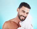 Shower, towel and man cleaning face during morning dermatology treatment, luxury bathroom routine or beauty self care Royalty Free Stock Photo