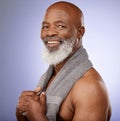 Shower, towel and portrait of black man with healthy skincare, personal hygiene and natural wellness on studio Royalty Free Stock Photo