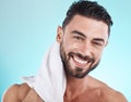 Shower towel, portrait and man cleaning face for morning dermatology treatment, luxury bathroom routine or beauty self Royalty Free Stock Photo